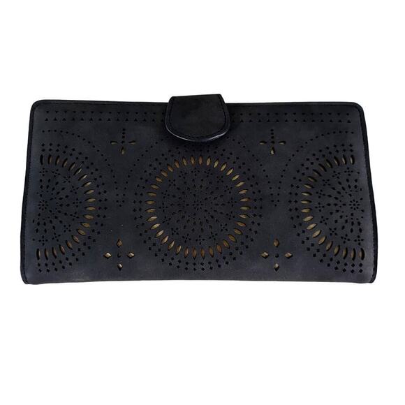 Violet Ray Black Vegan Suede Leather Tooled Medallion Large Wallet - Picture 1 of 6